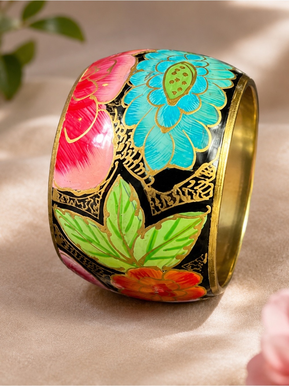 Vtg Wide Cloisonné Floral Bangle Black Enamel Gold Multicolor Statement Floral